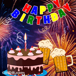 A Happy Birthday Greeting Card With A Cake And Beer Mugs GIF