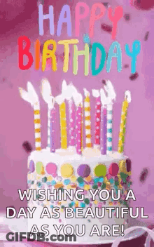 A Happy Birthday Greeting Card With A Cake And Candles On It . GIF
