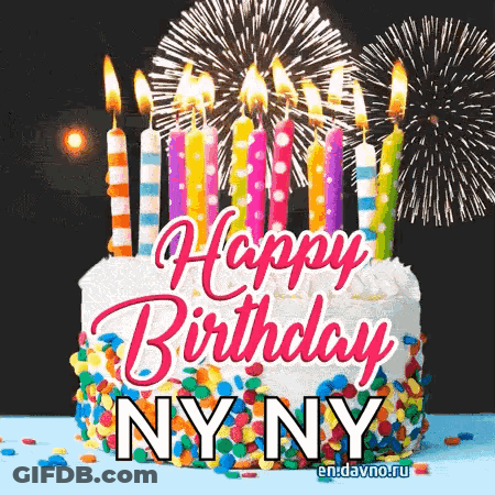 A Happy Birthday Greeting Card With A Cake And Fireworks GIF