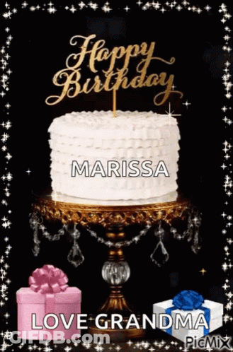 A Happy Birthday Greeting Card With A Cake And Gifts For Marissa GIF