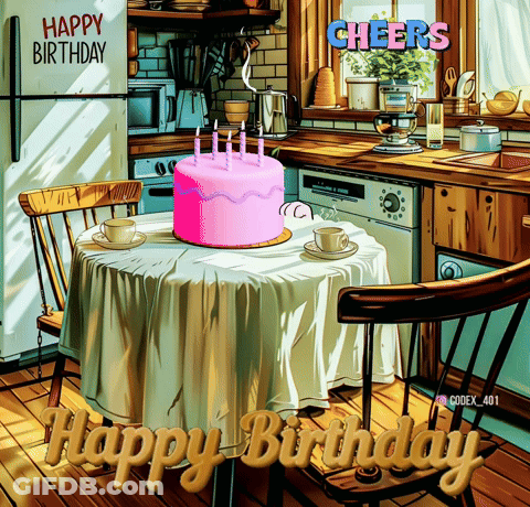 A Happy Birthday Greeting Card With A Cake On A Table GIF