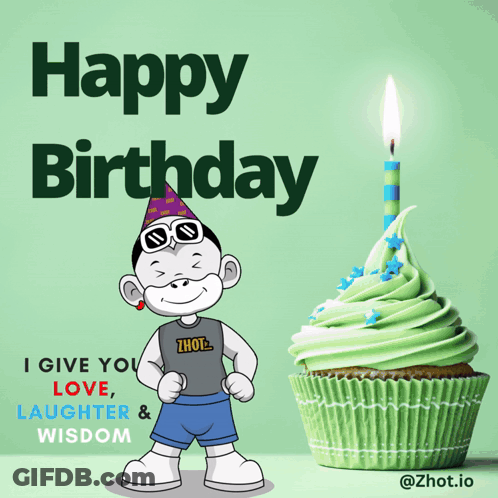 A Happy Birthday Greeting Card With A Cartoon Character And A Cupcake GIF