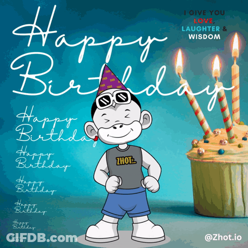 A Happy Birthday Greeting Card With A Cartoon Character And A Cupcake GIF