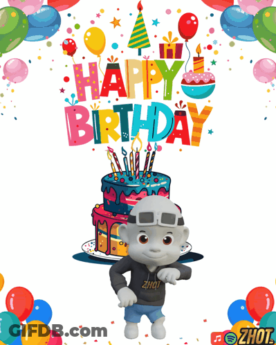 Birthday Card With Cartoon Character, Cake, And Balloons GIF