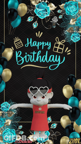 A Happy Birthday Greeting Card With A Cartoon Character In Front Of Balloons GIF