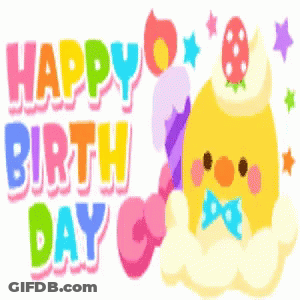 A Happy Birthday Greeting Card With A Chicken Wearing A Cake Hat GIF