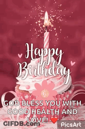 A Happy Birthday Greeting Card With A Cupcake And A Candle On It . GIF