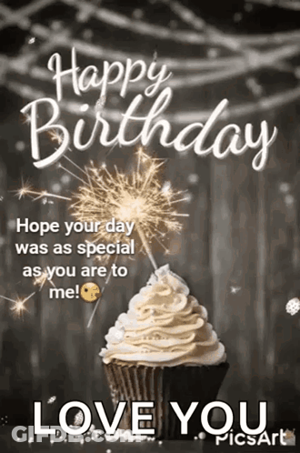 A Happy Birthday Greeting Card With A Cupcake And A Sparkler GIF
