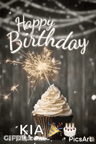 A Happy Birthday Greeting Card With A Cupcake And Sparklers . GIF