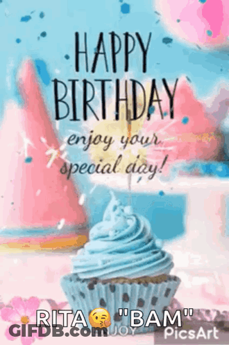 A Happy Birthday Greeting Card With A Cupcake On A Table . GIF