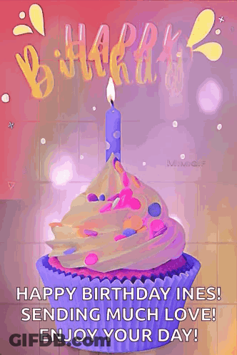 A Happy Birthday Greeting Card With A Cupcake With A Candle On Top . GIF