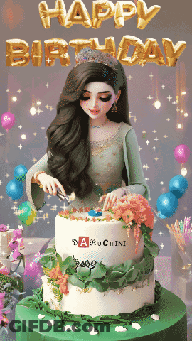 A Happy Birthday Greeting Card With A Doll On A Cake GIF