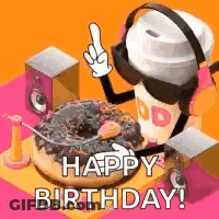 A Happy Birthday Greeting Card With A Donut And A Coffee Cup . GIF