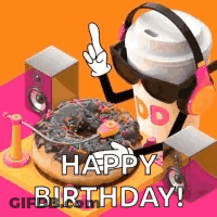 A Happy Birthday Greeting Card With A Donut And A Cup Of Coffee GIF