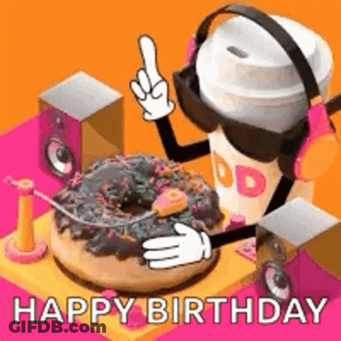 A Happy Birthday Greeting Card With A Donut And A Cup Of Coffee Wearing Headphones And Sunglasses . GIF