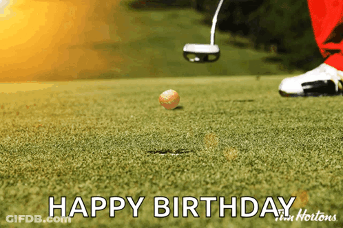 A Happy Birthday Greeting Card With A Golfer Swinging A Golf Club At A Golf Ball GIF