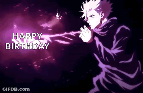 A Happy Birthday Greeting Card With A Man In A Purple Jacket . GIF