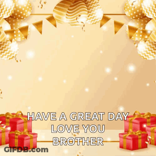 A Happy Birthday Greeting Card With A Mascot And Balloons And Gifts . GIF