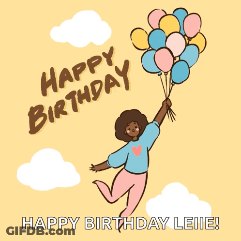 A Happy Birthday Greeting Card With A Woman Holding Balloons In The Air GIF