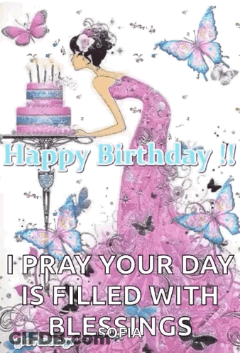 A Happy Birthday Greeting Card With A Woman In A Pink Dress Standing In Front Of A Cake Surrounded By Butterflies . GIF