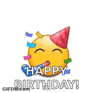 A Happy Birthday Greeting Card With A Yellow Smiley Face Wearing A Party Hat Surrounded By Party Hats And Confetti . GIF