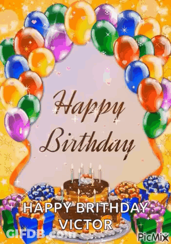A Happy Birthday Greeting Card With Balloons , A Cake And Gifts . GIF