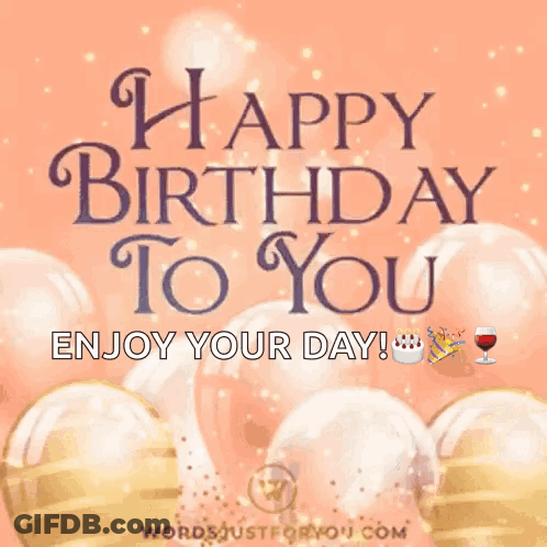 A Happy Birthday Greeting Card With Balloons And A Cake GIF