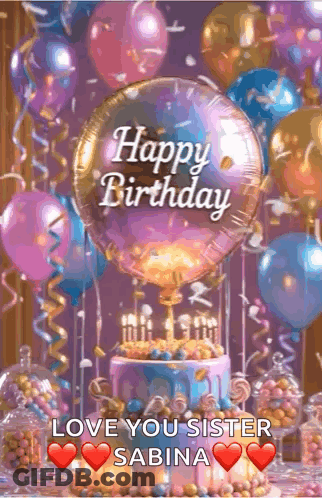 A Happy Birthday Greeting Card With Balloons And A Cake GIF