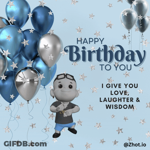 A Happy Birthday Greeting Card With Balloons And A Character That Says " I Give You Love Laughter And Wisdom " GIF