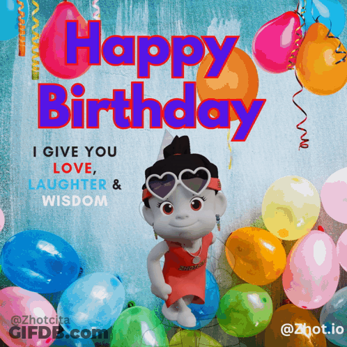 A Happy Birthday Greeting Card With Balloons And A Doll GIF