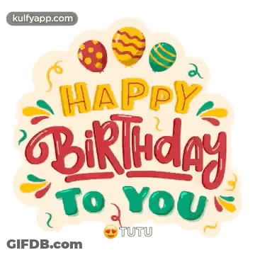 A Happy Birthday Greeting Card With Balloons And Confetti . GIF