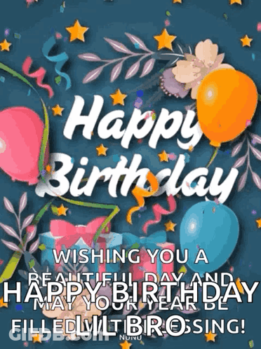 A Happy Birthday Greeting Card With Balloons And Flowers GIF