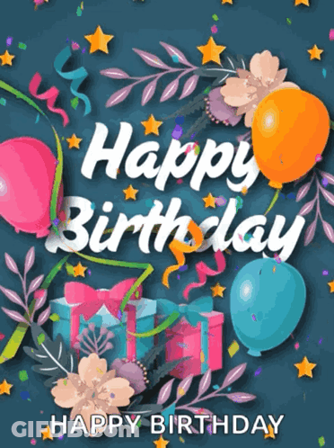 A Happy Birthday Greeting Card With Balloons And Gifts GIF