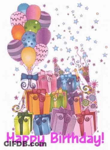 A Happy Birthday Greeting Card With Balloons And Gifts GIF