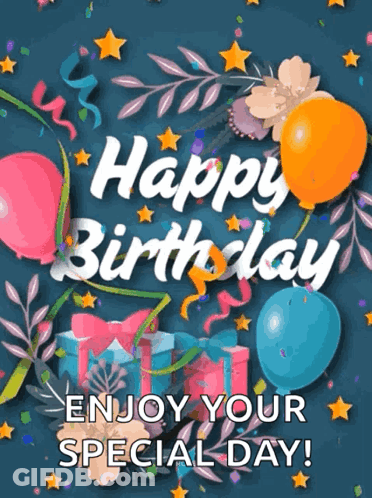 Birthday Card With Balloons And Presents GIF