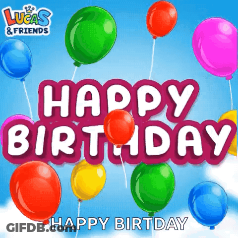 A Happy Birthday Greeting Card With Balloons In The Background GIF