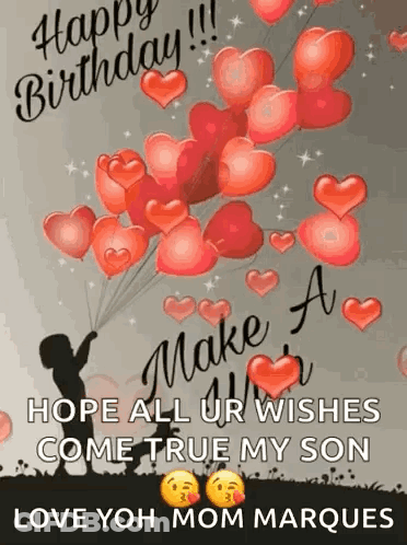 A Happy Birthday Greeting Card With Balloons In The Shape Of Hearts GIF