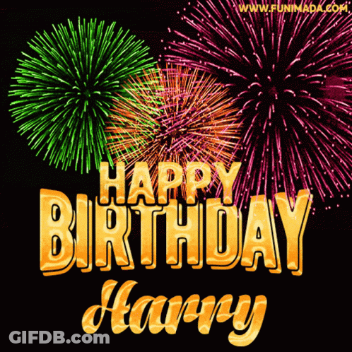A Happy Birthday Greeting Card With Fireworks Behind It GIF
