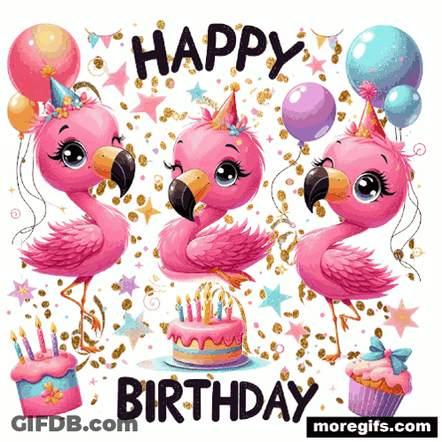 A Happy Birthday Greeting Card With Flamingos And Balloons GIF