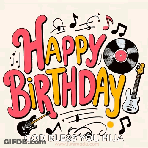 A Happy Birthday Greeting Card With Guitars And Records GIF