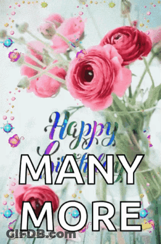 A Happy Birthday Greeting Card With Pink Flowers GIF