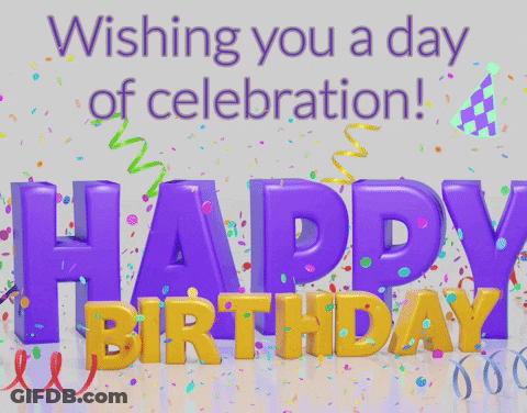 A Happy Birthday Greeting Card With Purple And Gold Letters GIF
