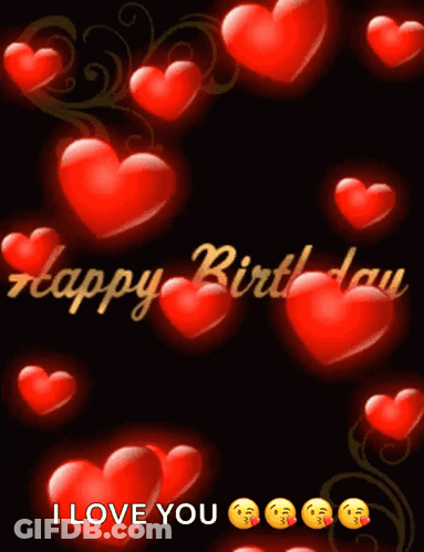A Happy Birthday Greeting Card With Red Hearts And Smiley Faces GIF