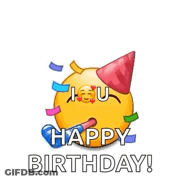 A Happy Birthday Greeting Card With Smiley Faces Wearing Party Hats . GIF