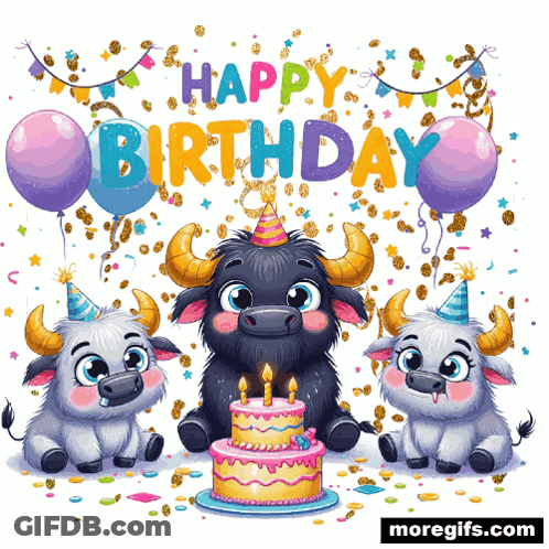 A Happy Birthday Greeting Card With Three Bulls And A Cake GIF