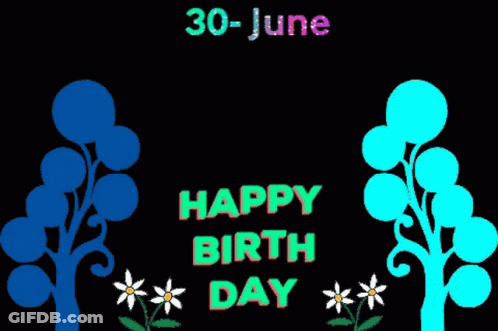 A Happy Birthday Greeting Card With Two Trees And Flowers GIF