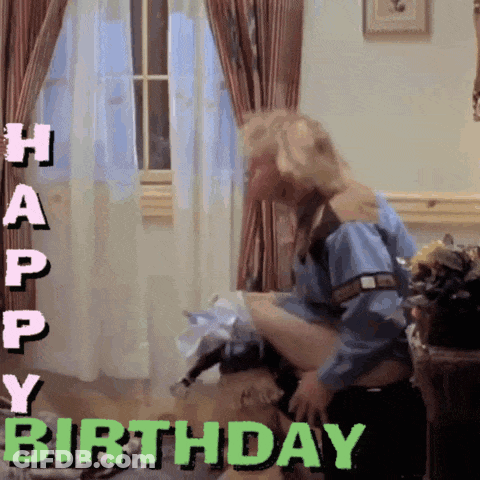 A Happy Birthday Greeting With A Man Holding A Woman 'S Leg GIF