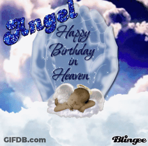 A Happy Birthday In Heaven Card With A Baby Angel Sleeping In The Clouds GIF