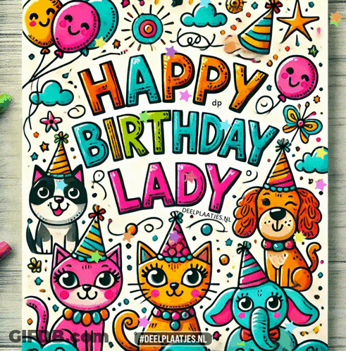 A Happy Birthday Lady Greeting Card With Cats And Dogs GIF