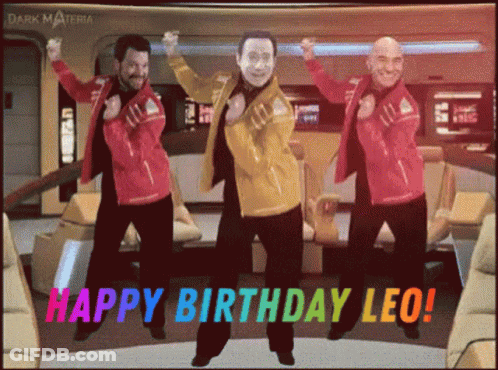 A Happy Birthday Leo Greeting Card With Three Men Dancing GIF